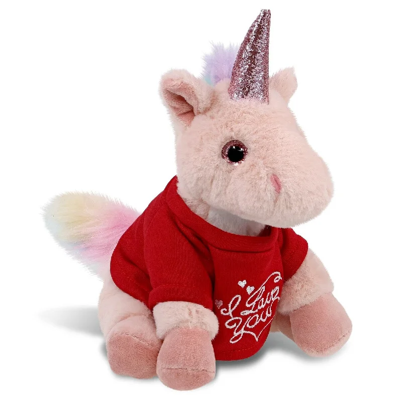 DolliBu I LOVE YOU Super Soft Pink Unicorn Plush with Red Shirt - 9 inches