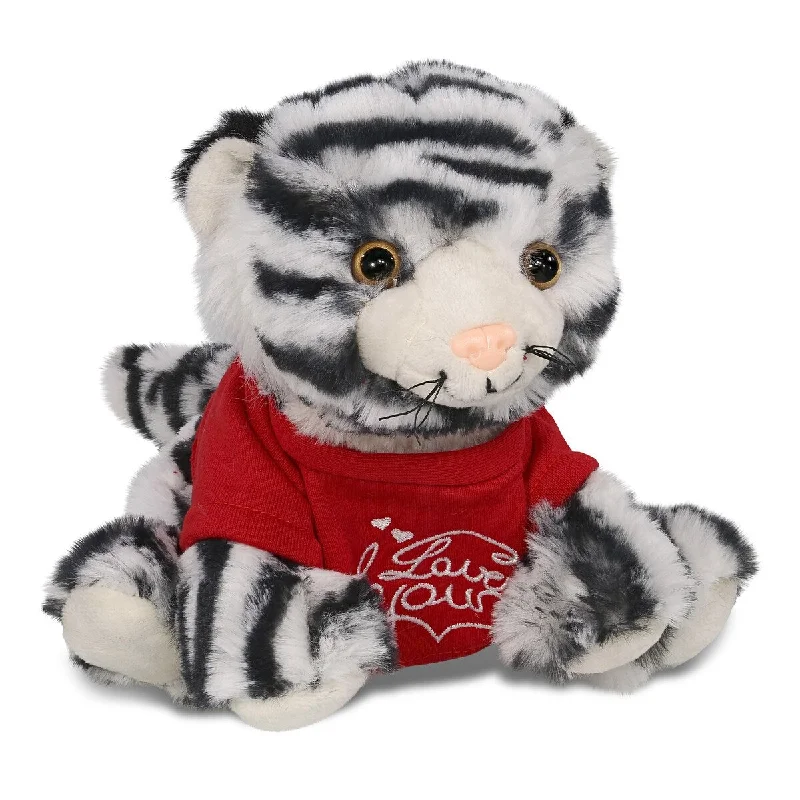 DolliBu I LOVE YOU Super Soft Squat White Tiger Plush with Red Shirt - 8 inches