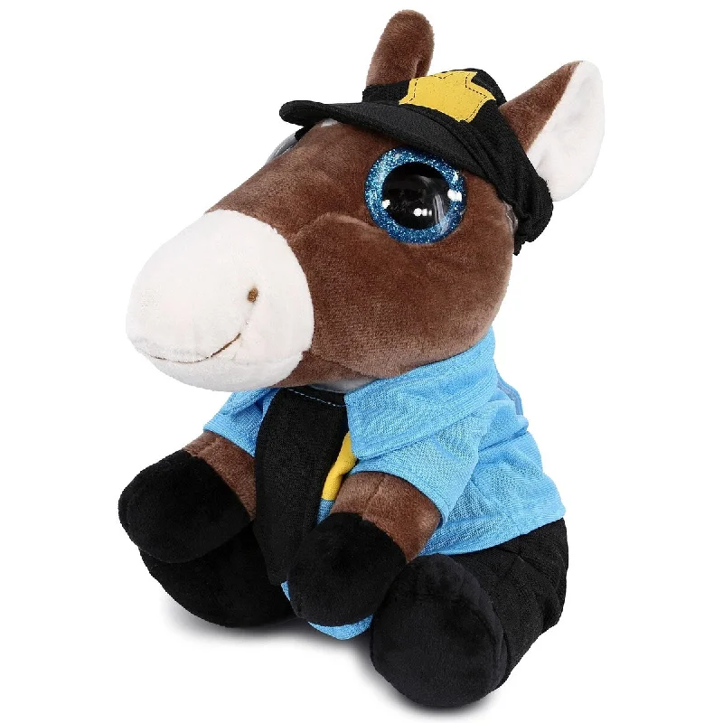 DolliBu Large Horse Sparkle Eyes Police Officer Plush with Cop Uniform - 8 inches