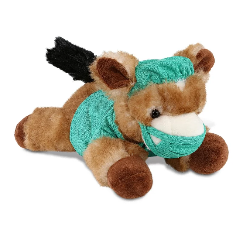 DolliBu Lying Brown Donkey Doctor Plush Toy with Scrub Uniform and Cap - 9 inches