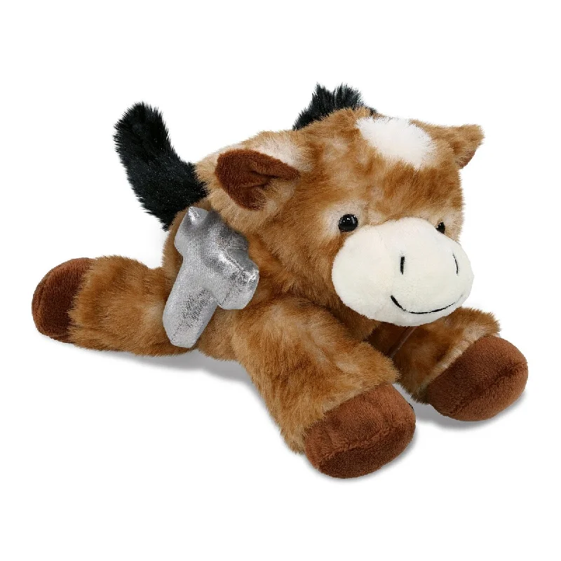 DolliBu Lying Brown Donkey Stuffed Animal with Silver Cross Plush - 9 inches