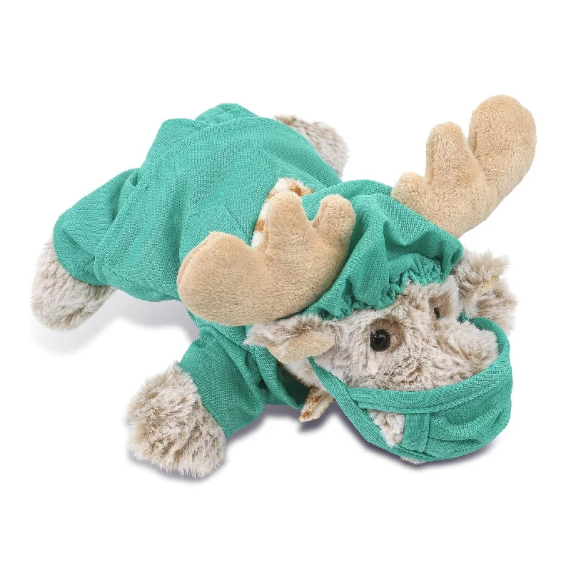 DolliBu Lying Moose Doctor Plush with Cute Scrub Uniform & Cap Outfit - 9.5 inches