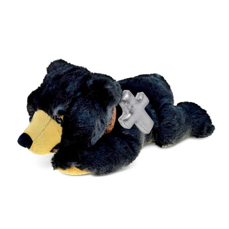 DolliBu Lying Wild Black Bear Stuffed Animal with Silver Cross Plush - 10 inches