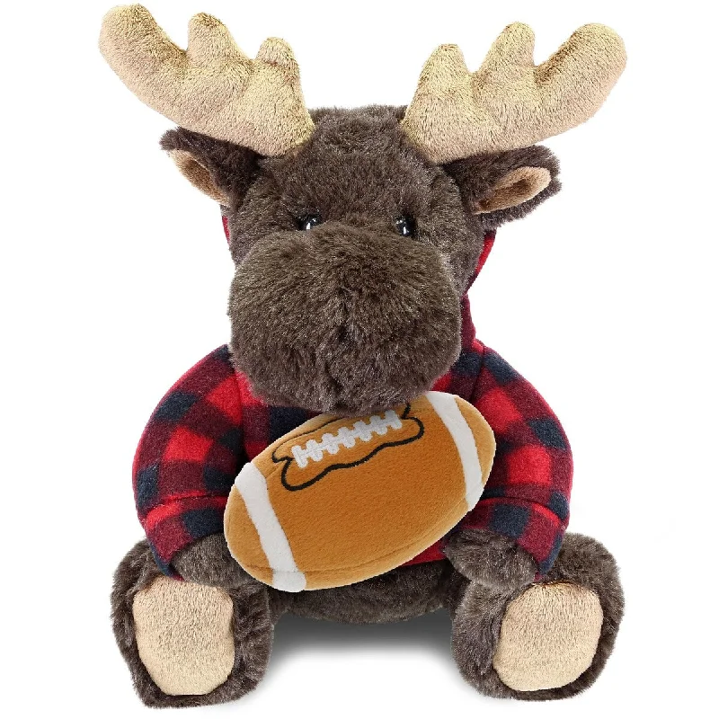 DolliBu Moose Stuffed Toy with Red Plaid Hoodie with Football Plush - 10 inches