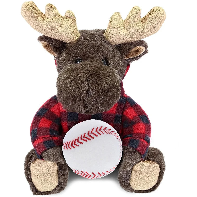 DolliBu Moose with Baseball Plush and Red Plaid Hoodie - 10 inches