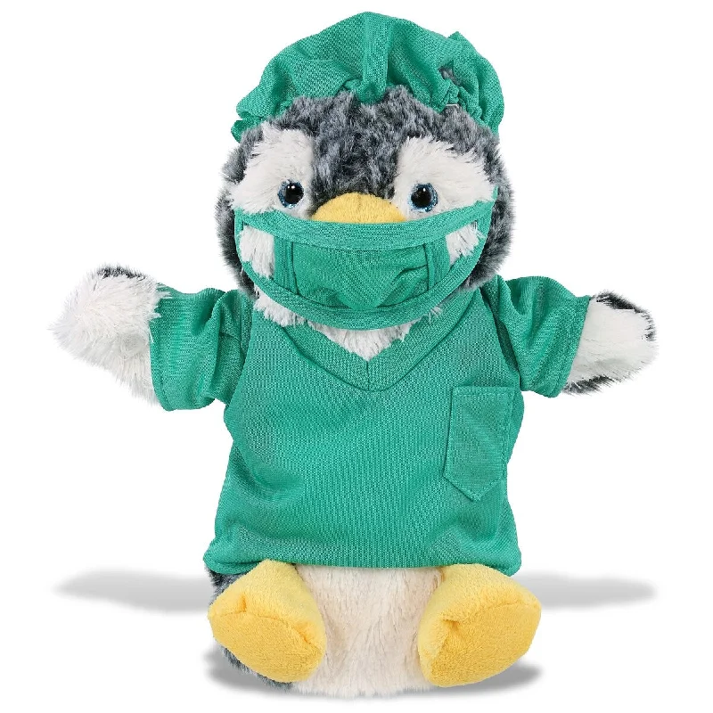 DolliBu Penguin Doctor Plush Hand Puppet w/ Cute Scrub Uniform and Cap - 8.5 inches