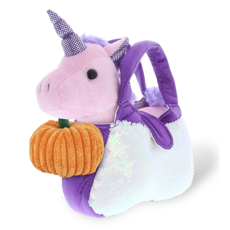 DolliBu Plush Pet Carrier Purple Unicorn Stuffed Toy w/ Pumpkin Decor - 9 inches