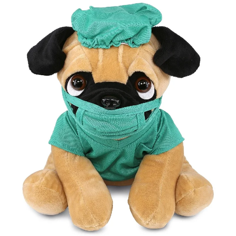 DolliBu Pug Dog Doctor Plush with Cute Scrub Uniform and Cap Outfit - 10 inches