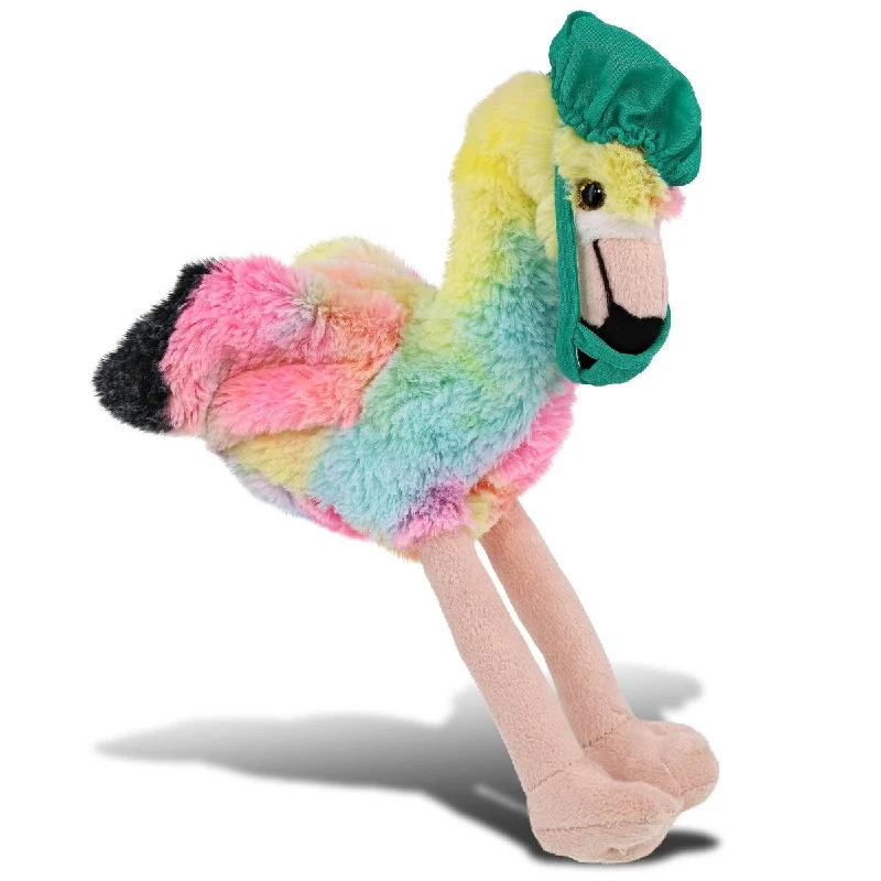 DolliBu Rainbow Flamingo Doctor Plush Toy with Scrub Uniform and Cap - 8 inches