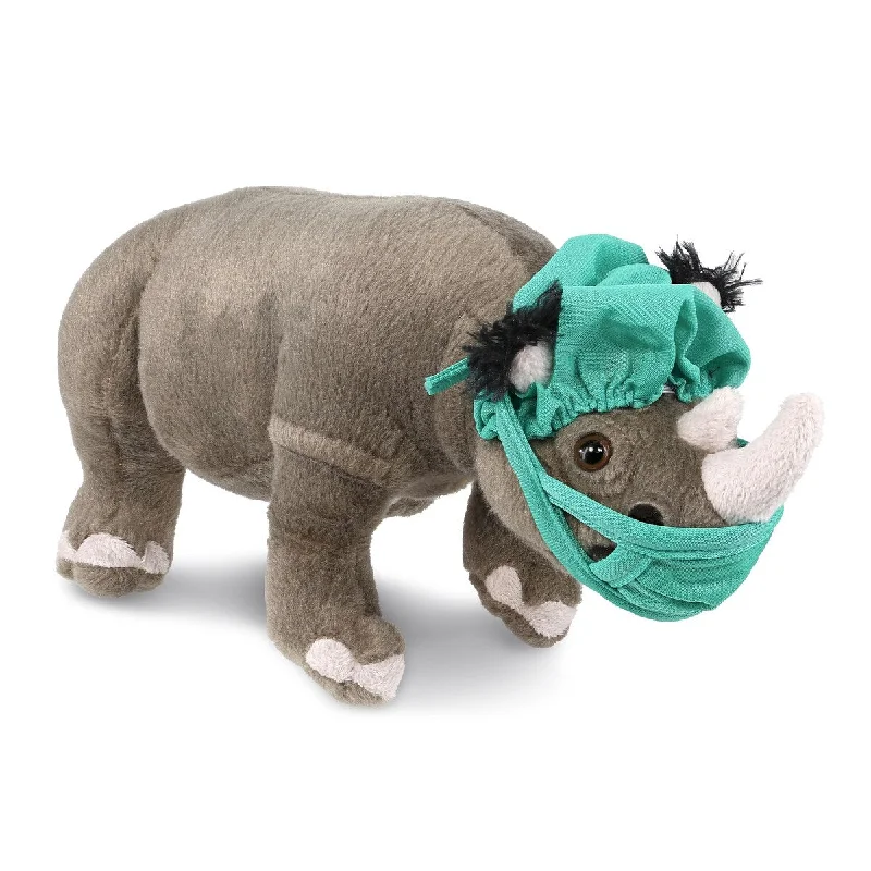 DolliBu Rhinoceros Doctor Plush w/ Cute Scrub Cap and Face Mask Outfit - 13 inches