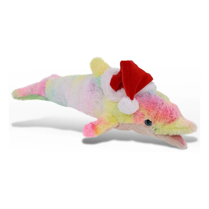 DolliBu Santa Large Rainbow Dolphin Stuffed Animal Plush with Red Hat - 18 inches