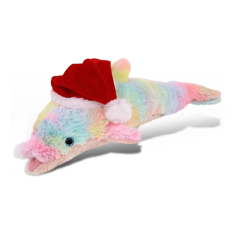 DolliBu Santa Rainbow Dolphin Stuffed Animal Plush with Red Santa Hat - 14 inches