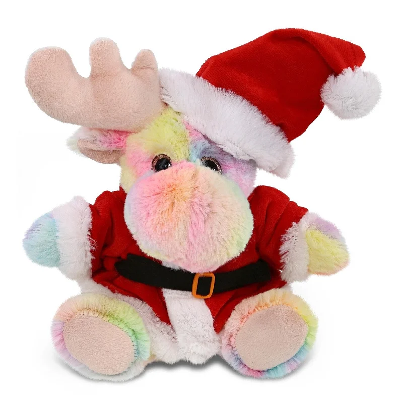 DolliBu Santa Rainbow Moose Stuffed Animal Plush Toy with Santa Outfit - 9 inches