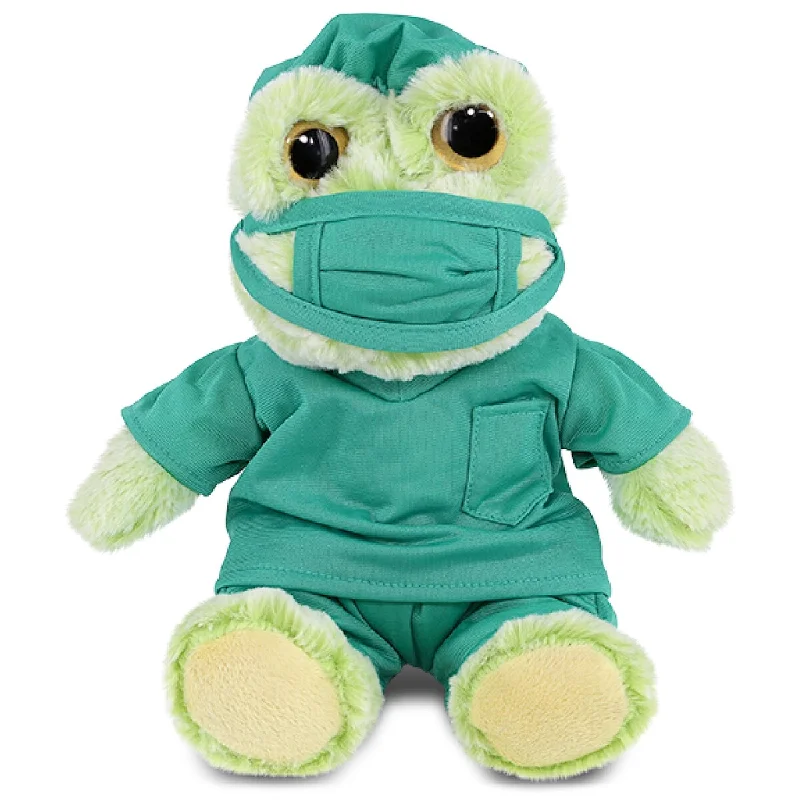 DolliBu Sitting Frog Doctor Plush Toy with Cute Scrub Uniform and Cap - 9 inches