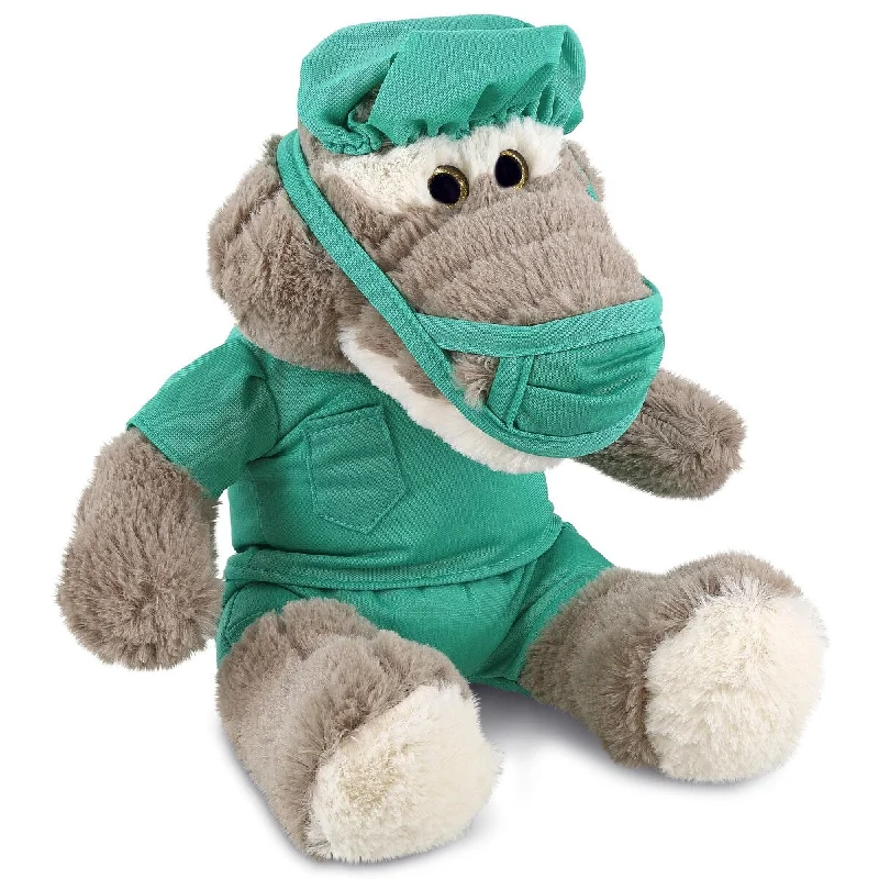 DolliBu Sitting Grey Alligator Doctor Plush with Scrub Uniform & Cap - 9 inches