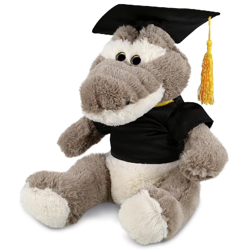 DolliBu Sitting Grey Alligator Graduation Plush Toy with Gown and Cap - 9 inches