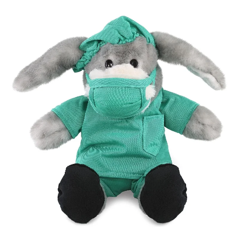 DolliBu Sitting Grey Donkey Doctor Plush with Scrub Uniform and Cap - 9 inches