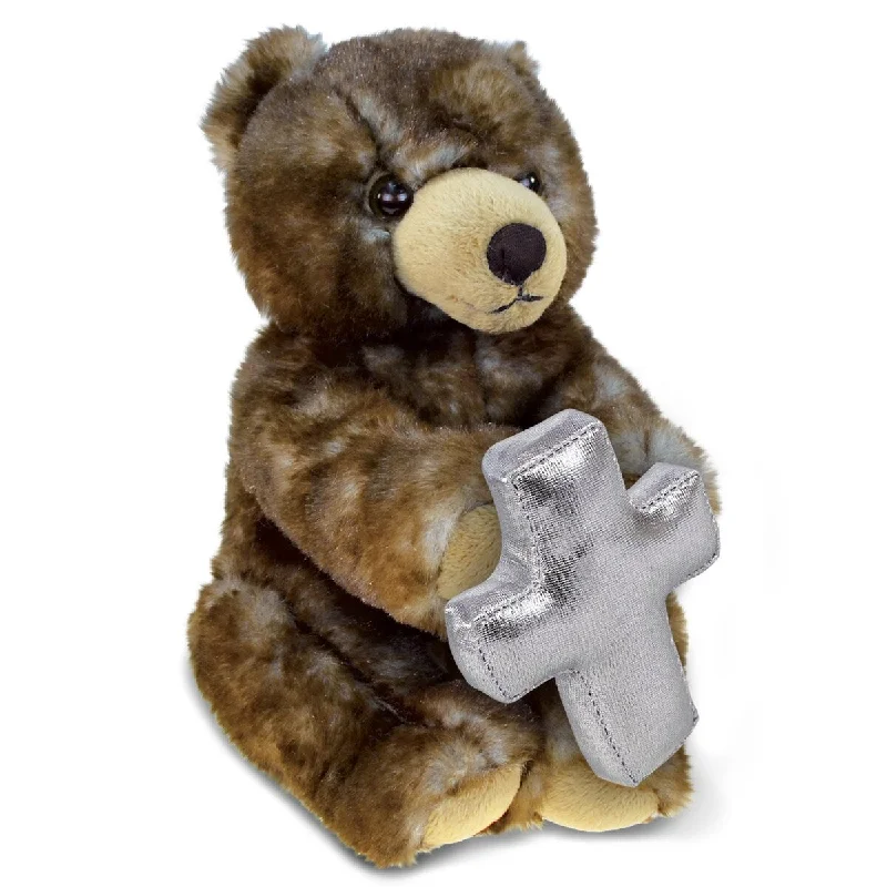 DolliBu Sitting Grizzly Bear Stuffed Animal with Silver Cross Plush - 6.5 inches