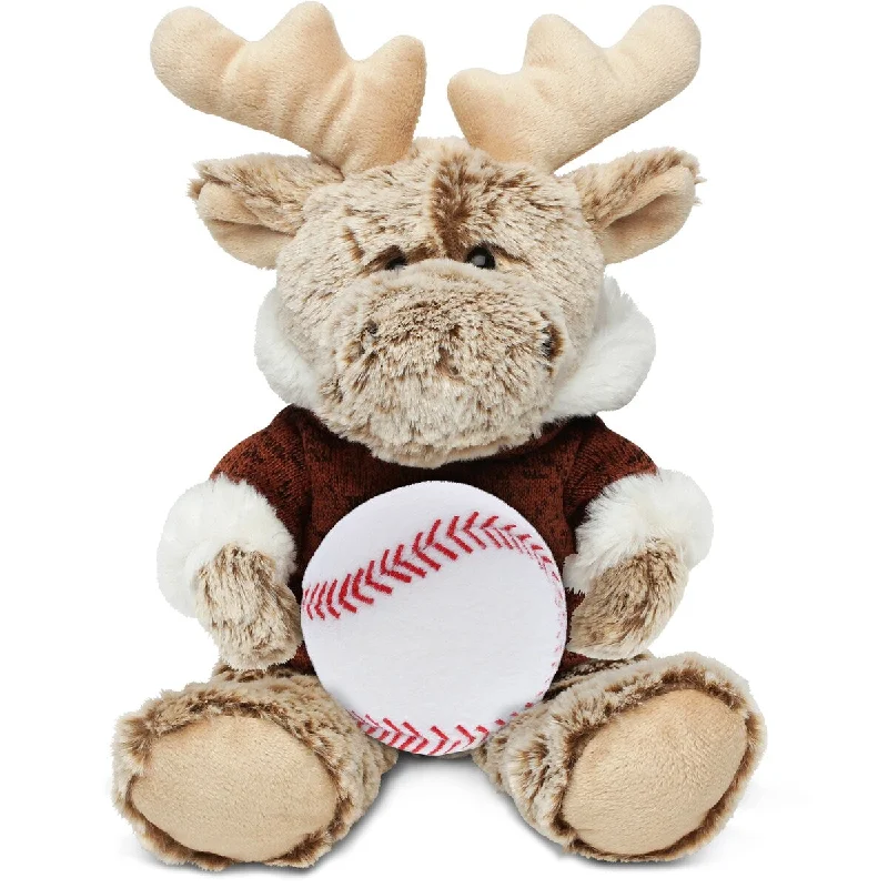 DolliBu Sitting Moose with Brown Hooded Sweater with Baseball Plush - 8 inches