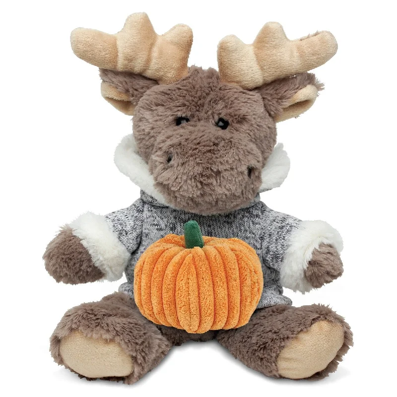 DolliBu Sitting Moose with Sweater Stuffed Animal with Pumpkin Decor - 8 inches