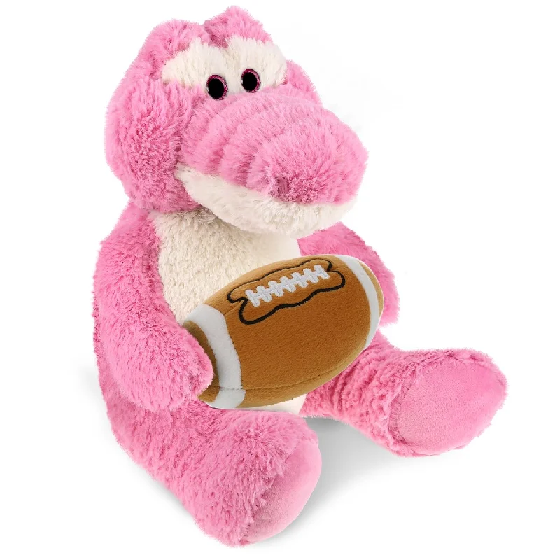 DolliBu Sitting Pink Alligator Stuffed Animal with Football Plush - 10 inches