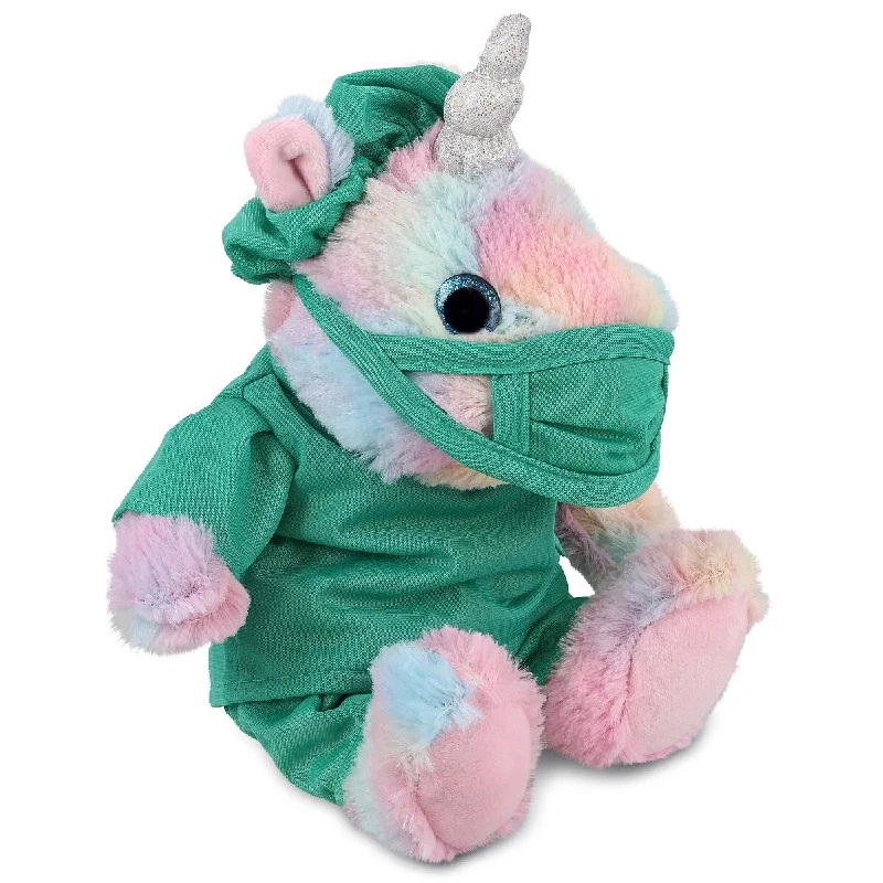 DolliBu Sitting Rainbow Unicorn Doctor Plush with Scrub Uniform & Cap - 10 inches