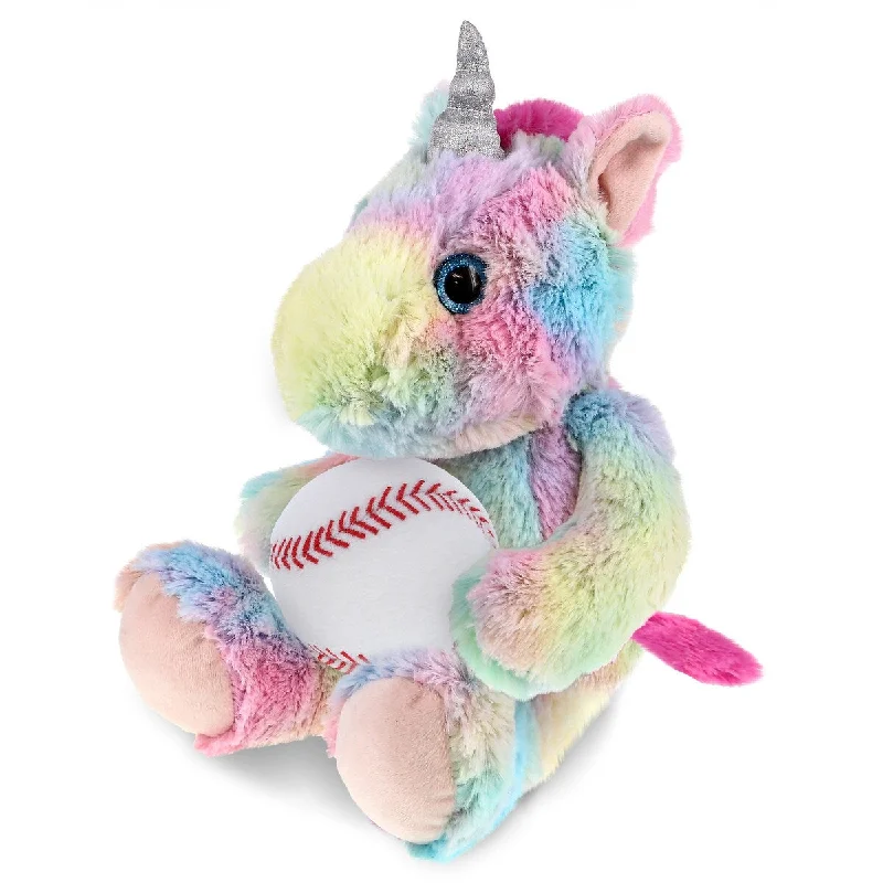 DolliBu Sitting Rainbow Unicorn Stuffed Animal with Baseball Plush - 10 inches