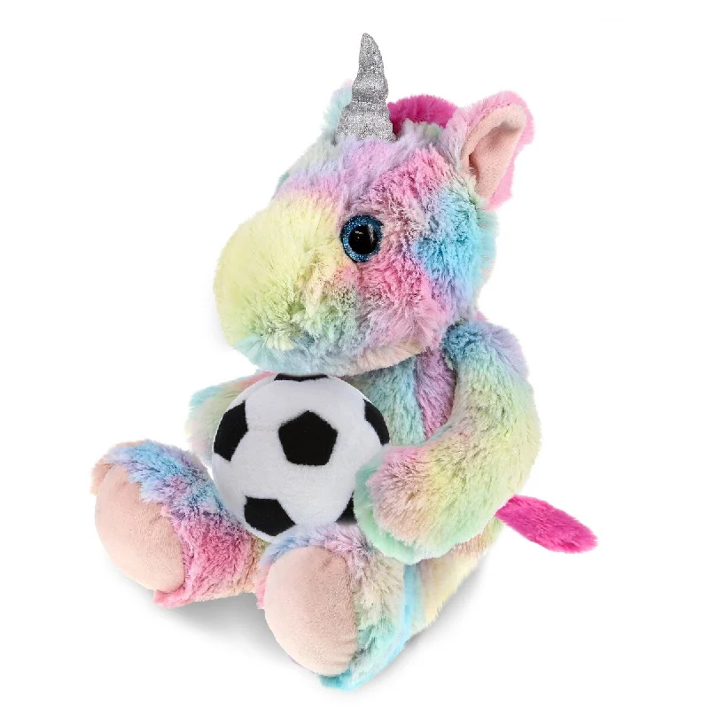 DolliBu Sitting Rainbow Unicorn Stuffed Animal with Soccer Ball Plush - 10 inches