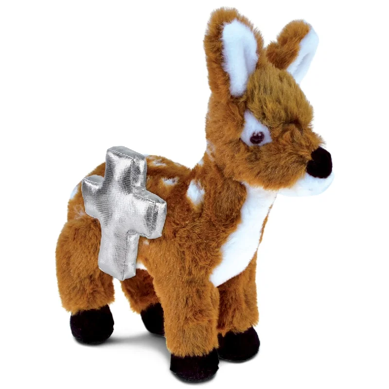 DolliBu Small Standing Deer Stuffed Animal with Silver Cross Plush - 10 inches