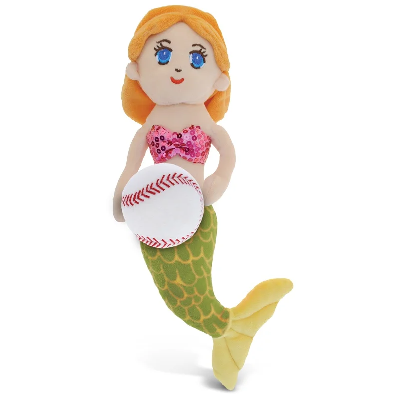 DolliBu Soft Huggable Green Mermaid Stuffed Animal with Baseball Plush - 14 inches