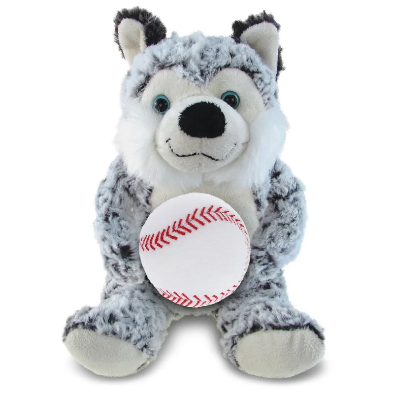 DolliBu Soft Huggable Sitting Husky Stuffed Animal with Baseball Plush - 9 inches