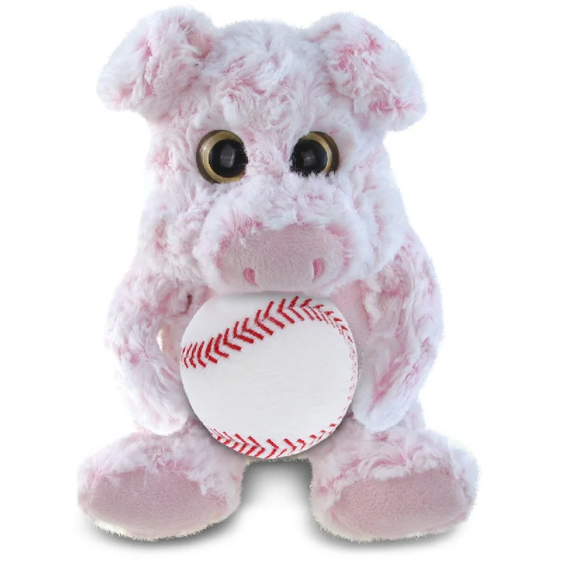 DolliBu Soft Huggable Sitting Pig Stuffed Animal with Baseball Plush - 9 inches