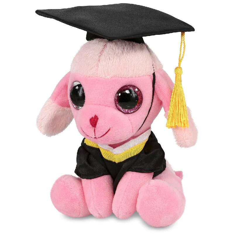 DolliBu Sparkle Eyes Pink Poodle Dog Graduation Plush with Gown & Cap - 6 inches