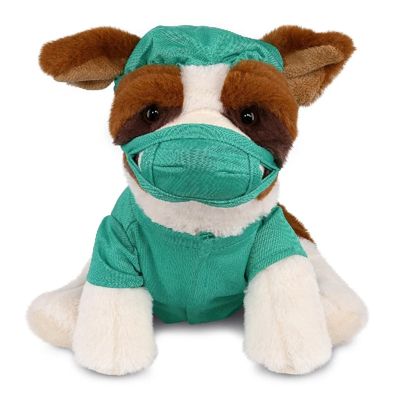 DolliBu St. Bernard Dog Doctor Plush with Cute Scrub Uniform and Cap - 8 inches