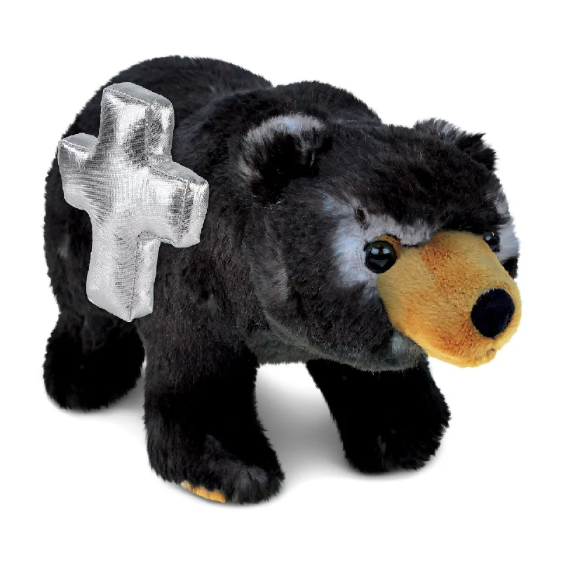 DolliBu Standing Black Bear Stuffed Animal with Silver Cross Plush - 11 inches