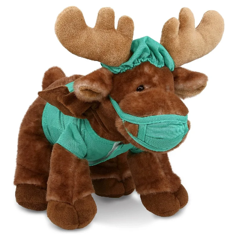 DolliBu Standing Brown Moose Doctor Plush with Scrub Uniform and Cap - 13 inches