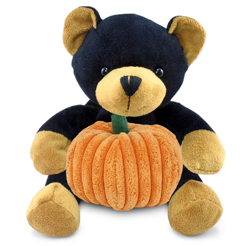 DolliBu Super Soft Black Bear Stuffed Animal with Pumpkin Decor - 6 inches