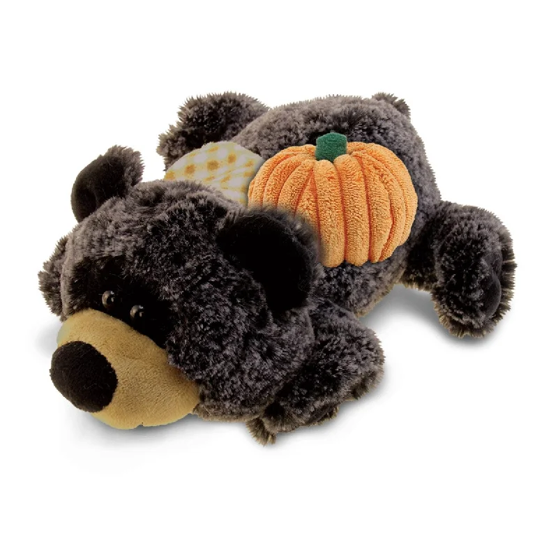 DolliBu Super Soft Lying Black Bear Stuffed Animal with Pumpkin Decor - 9 inches