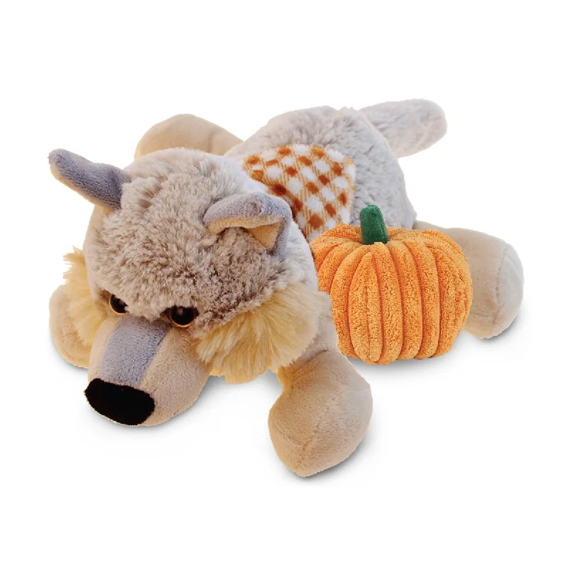 DolliBu Super Soft Lying Wolf Stuffed Animal with Pumpkin Decor - 9 inches