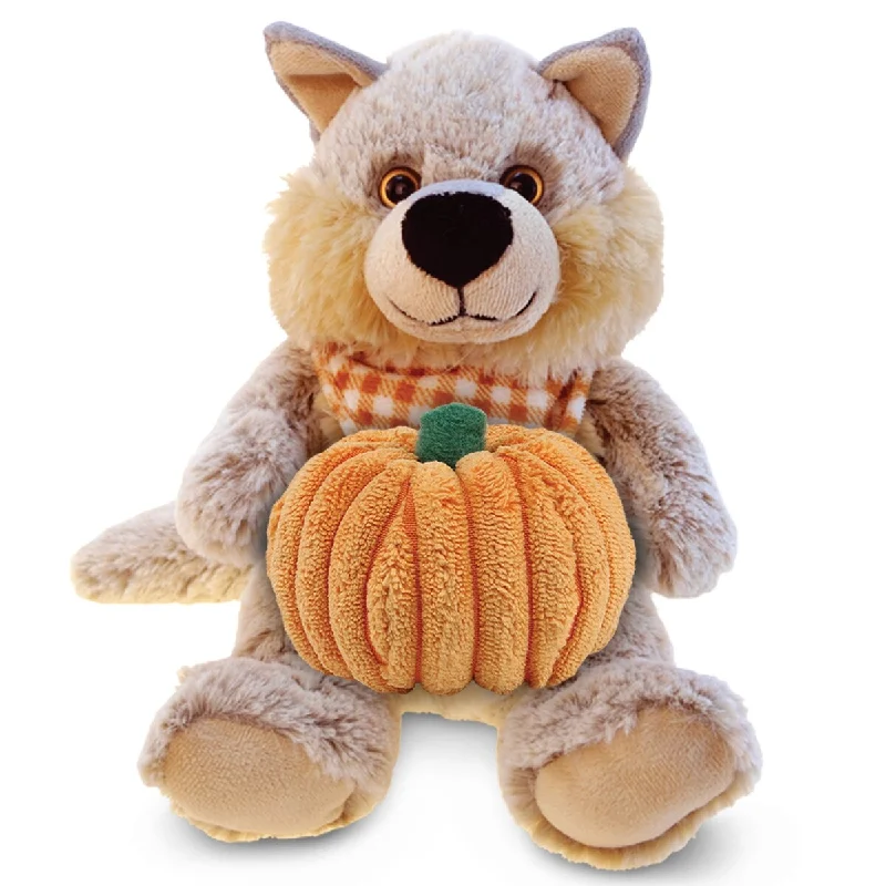 DolliBu Super Soft Sitting Wolf Stuffed Animal with Pumpkin Decor - 9 inches