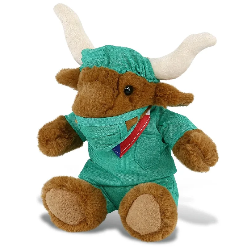 DolliBu Texas Longhorn Doctor Plush Toy with Cute Scrub Uniform & Cap - 9 inches