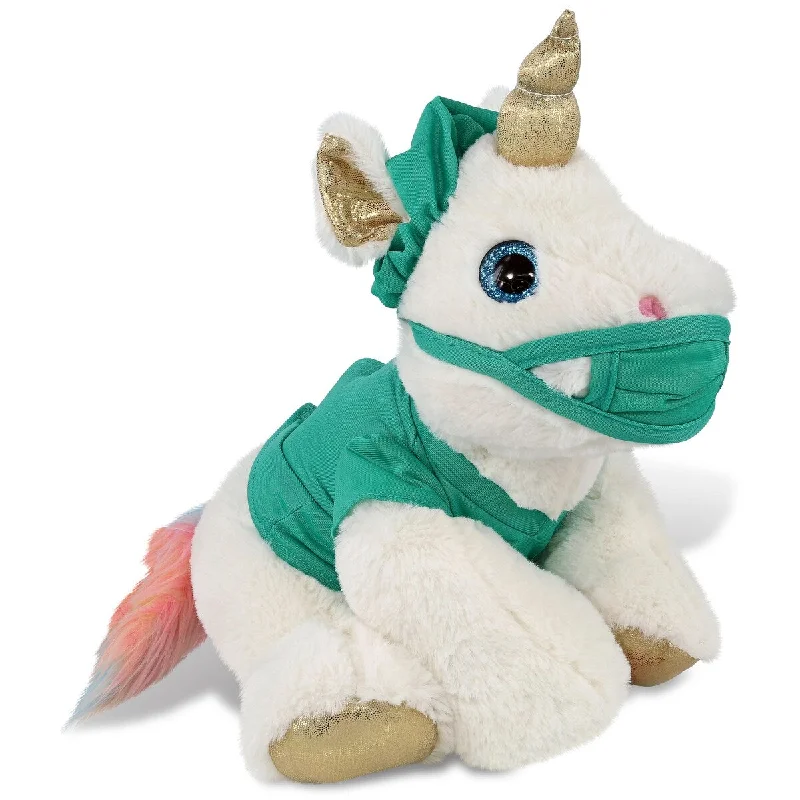 DolliBu White and Gold Unicorn Doctor Plush with Scrub Uniform and Cap - 14 inches