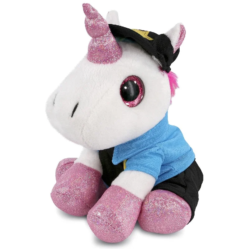 DolliBu White Unicorn Sparkle Eyes Police Officer Plush Toy w/ Outfit - 8 inches