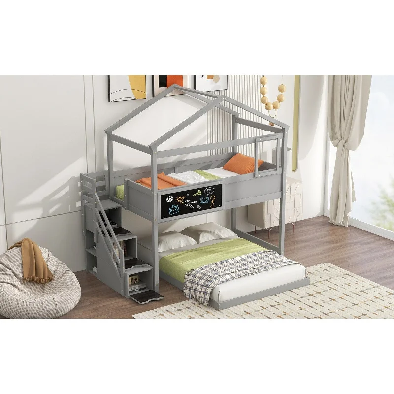 Fortress House-shaped Design Bunk Bed Twin over Full with Storage Staircase, Blackboard, L Shaped House Bed with Roof and Window