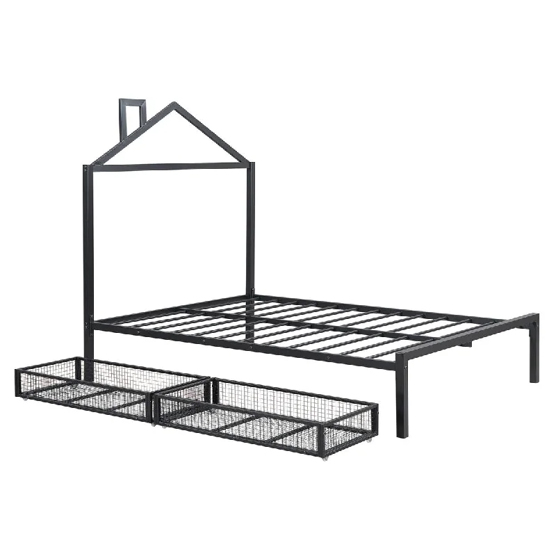 Full Metal Platform Bed with 2 Drawers & House-Shaped Headboard, Black