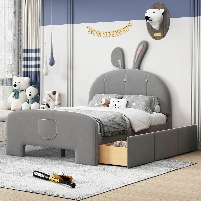 Full Size Children Bed Frame Velvet Platform Bed w/ 3 Drawers, Bed-End Storage Pocket, Rabbit Ears Shaped Upholstered Headboard