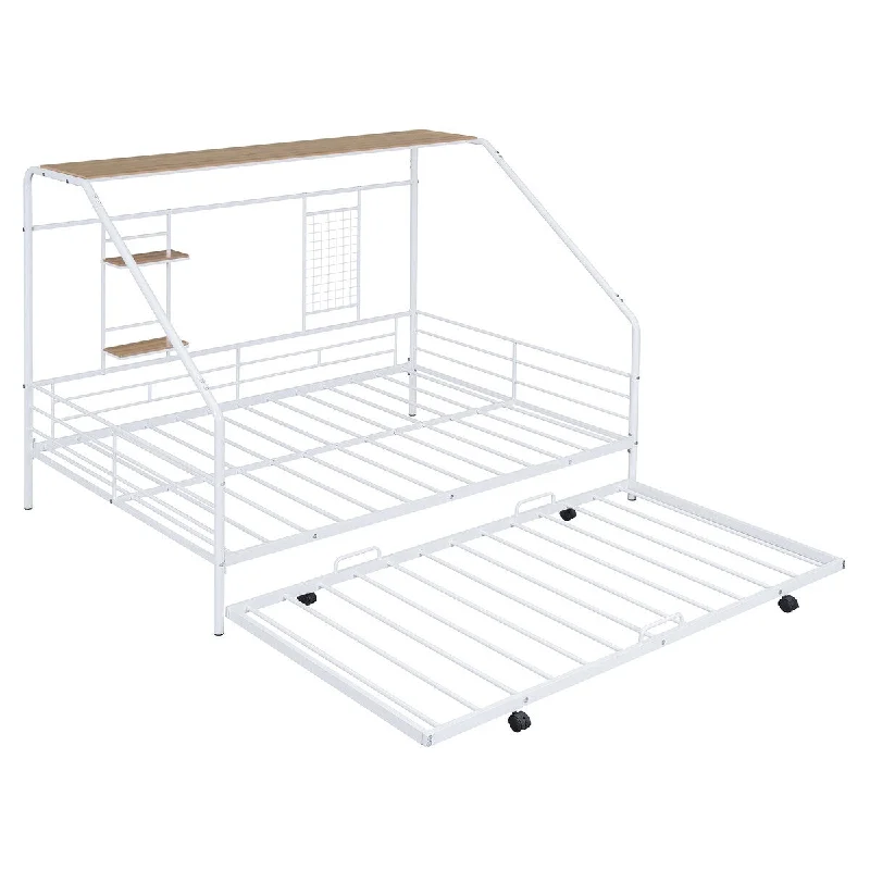 Full Size Metal House Bed with Trundle, Built-in Shelf and Grid, White