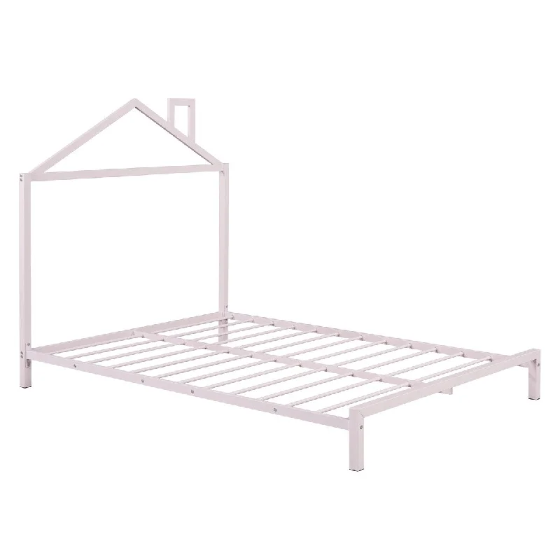 Full Size Metal Platform Bed with House-Shaped Headboard, Pink