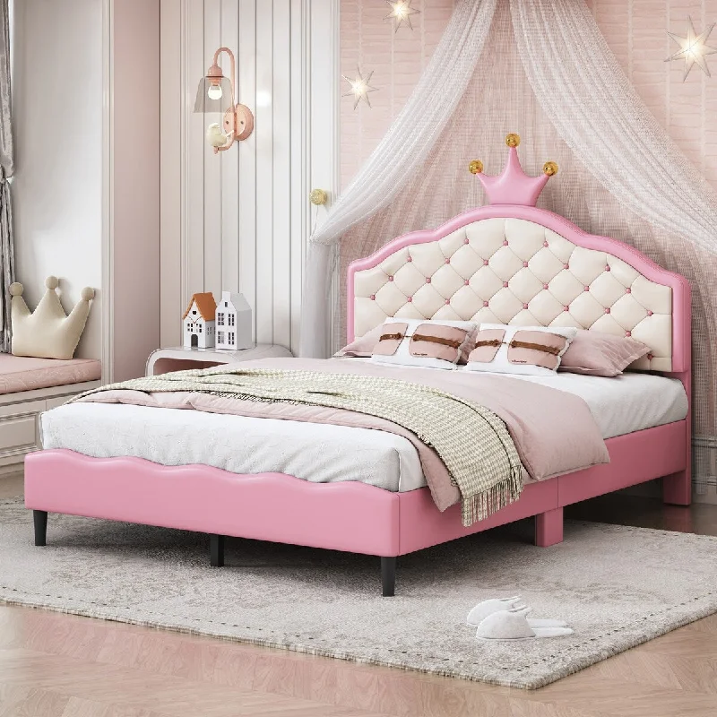 Full Size Princess Bed Frame w/ Tufted Crown Shaped Headboard, PU Leather Upholstered Platform Bed w/ Slats Support, Pink Bed