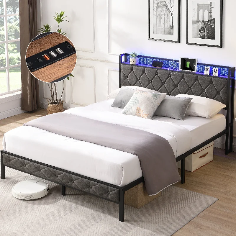 Full Upholstered Bed with Charging Station LED Lights